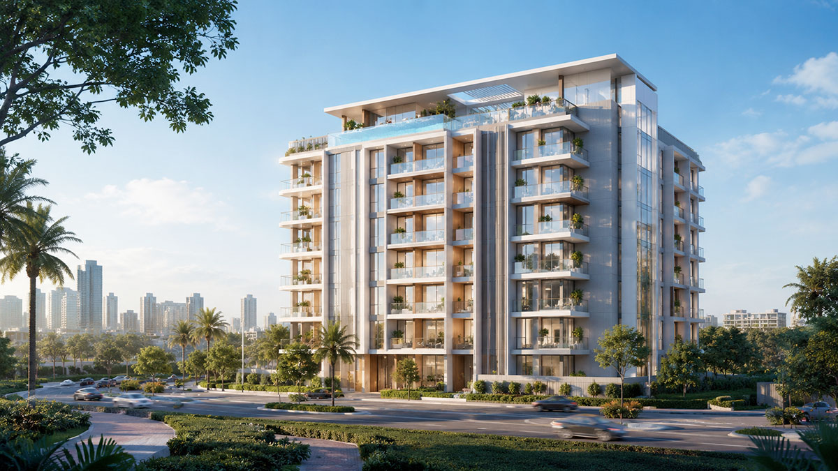Rooftop leisure area at The Grove by IMAN in Dubai Hills, showing landscaped amenities and a refined residential atmosphere