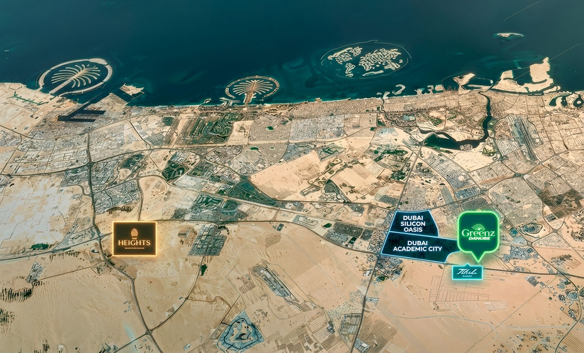 Map showing Dubai International Academic City, Dubai Silicon Oasis, Greenz by Danube, Tilal by Binghatti and the planned Blue Line Metro connection