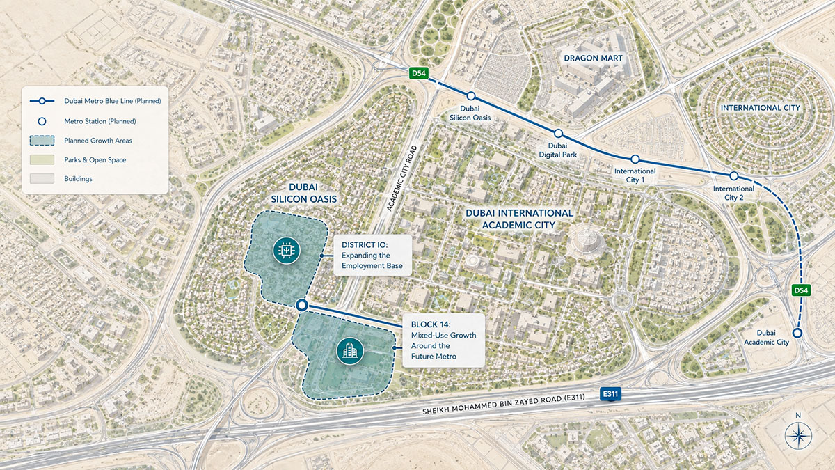 Illustrated map of Dubai Silicon Oasis and Dubai International Academic City highlighting District IO, Block 14 and planned Dubai Metro Blue Line stations.