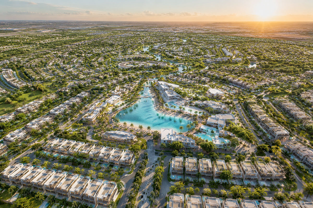 Aerial render of Tilal by Binghatti showing villas, landscaped streets, green spaces, water features and central community amenities
