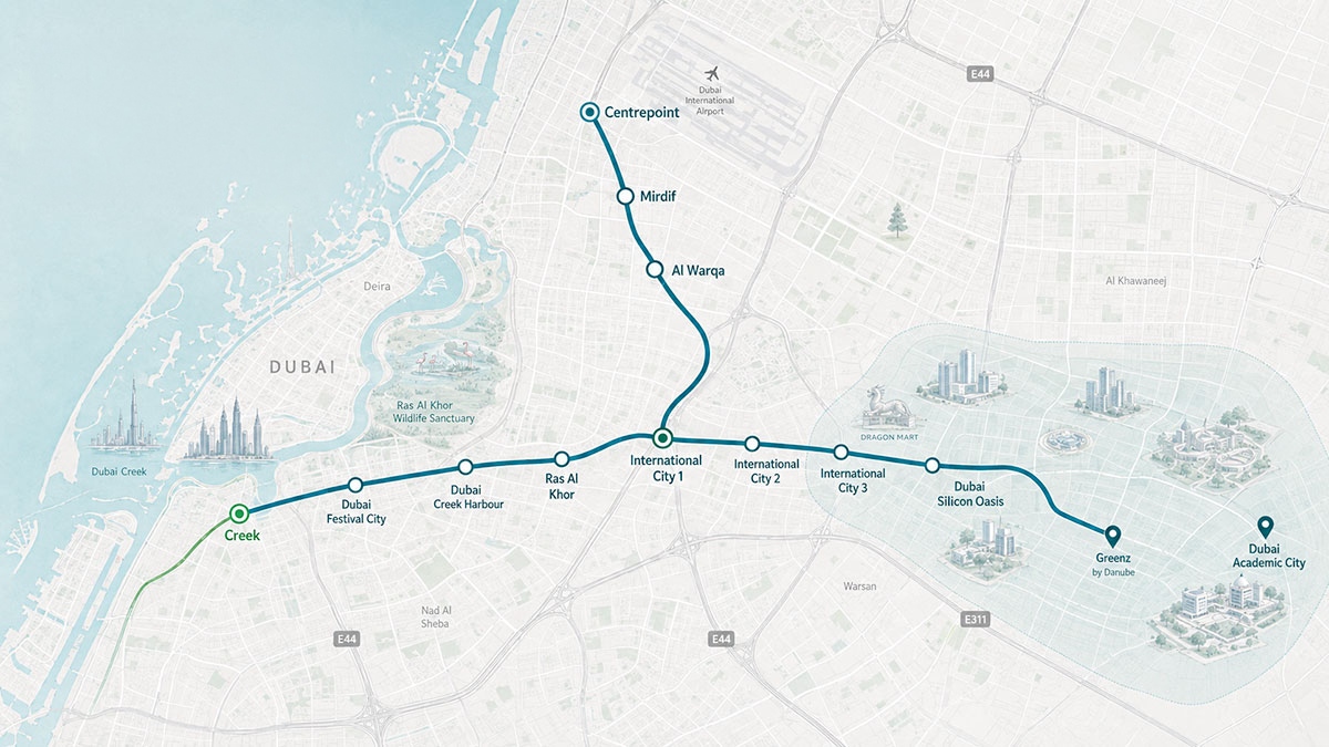Editorial map of the Dubai Metro Blue Line showing the route from Creek and Centrepoint to Dubai Silicon Oasis and Dubai Academic City, with Greenz by Danube and Tilal by Binghatti marked nearby.
