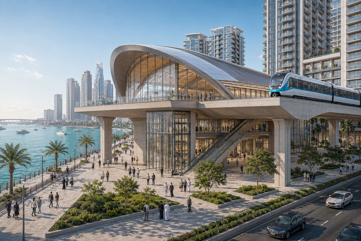 Concept visual of Emaar Properties Station in Dubai Creek Harbour with metro access and district context.