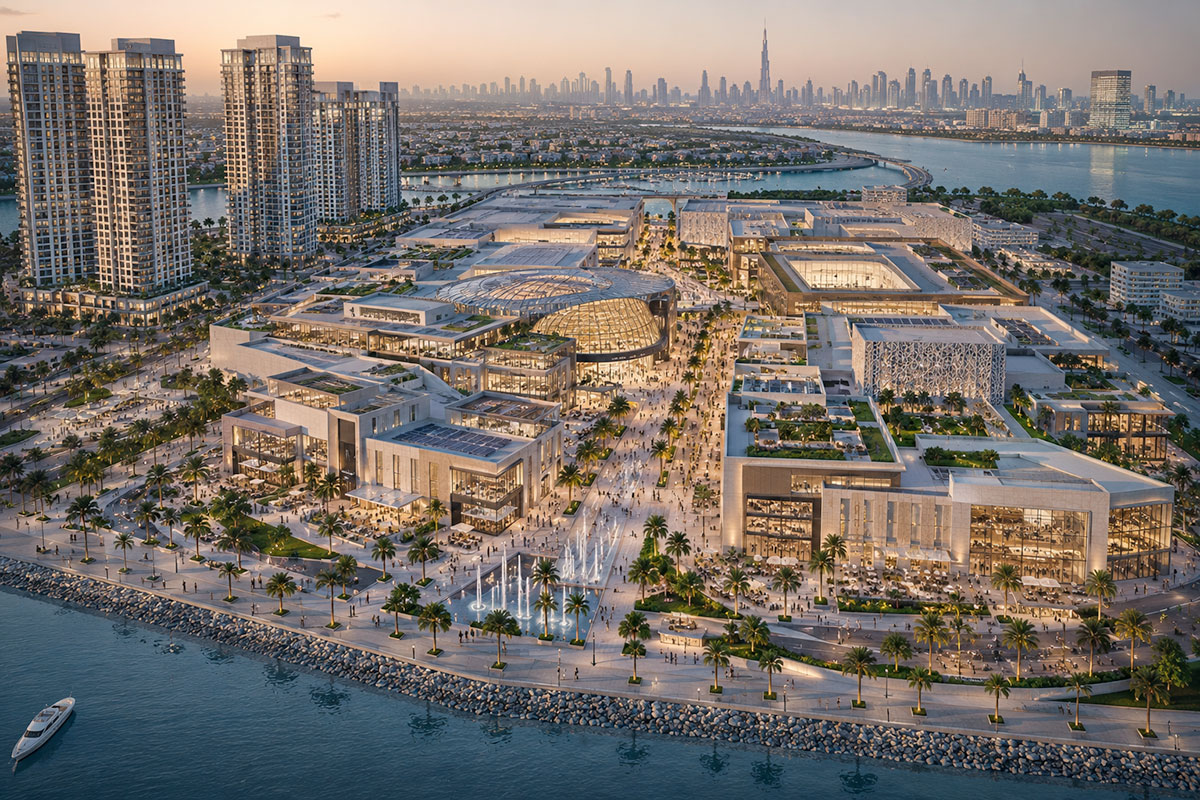 Masterplan-style visual of Dubai Square as a retail, hospitality and commercial anchor in Dubai Creek Harbour.