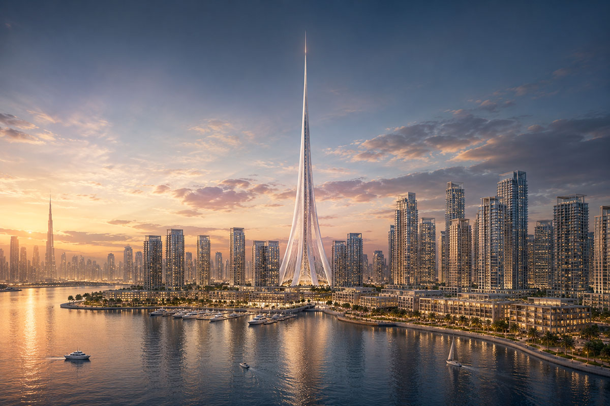 Concept render of Creek Tower as the landmark skyline element in Dubai Creek Harbour’s long-term vision.