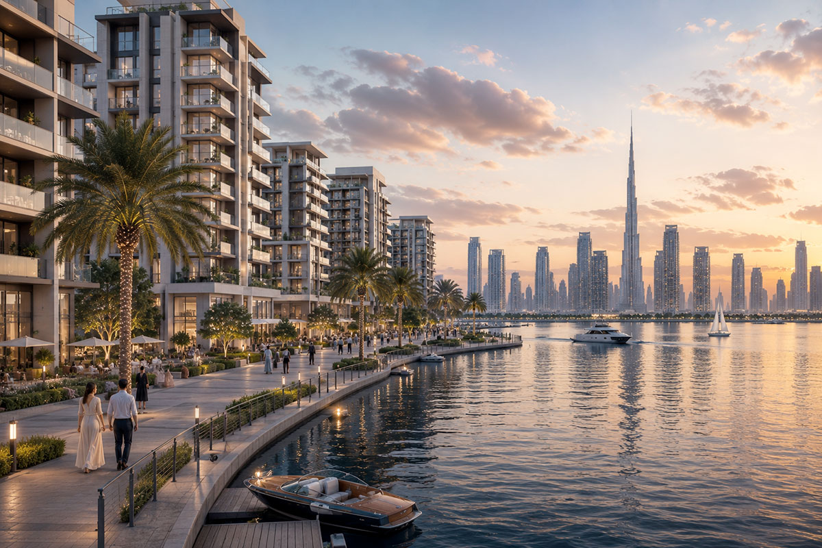 Dubai Creek Harbour waterfront lifestyle view with promenade, marina, open Creek water and skyline framing.