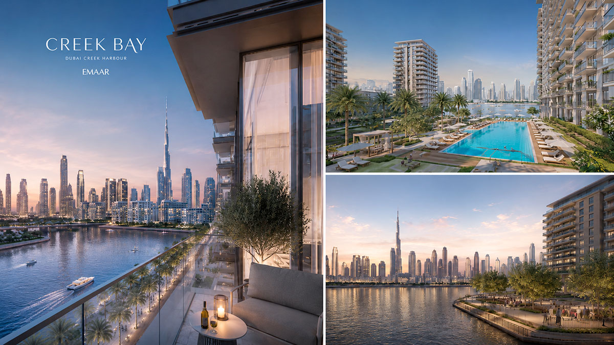 Creek Bay collage showing waterfront residential towers, Creek views, skyline framing and lifestyle amenities.