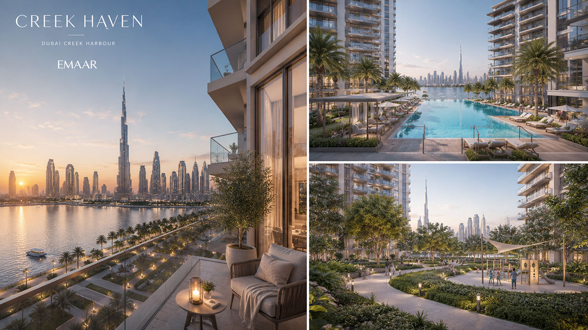 Creek Haven collage showing waterfront residences, landscaped gardens, pool amenities and calm Creek Harbour views.