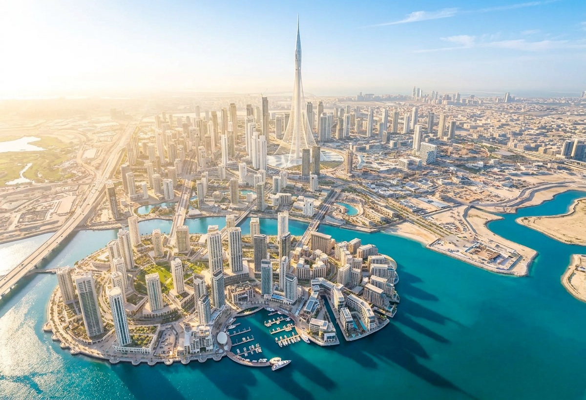 Map of Dubai Creek Harbour showing existing waterfront assets, Creek Bay, Creek Haven, Blue Line access and Dubai Square