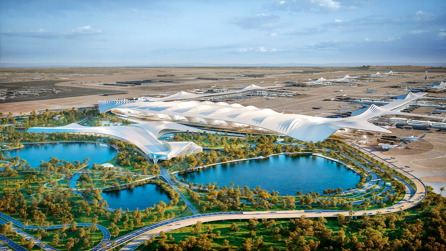Visualisation of the planned Al Maktoum International Airport passenger terminal expansion in Dubai South