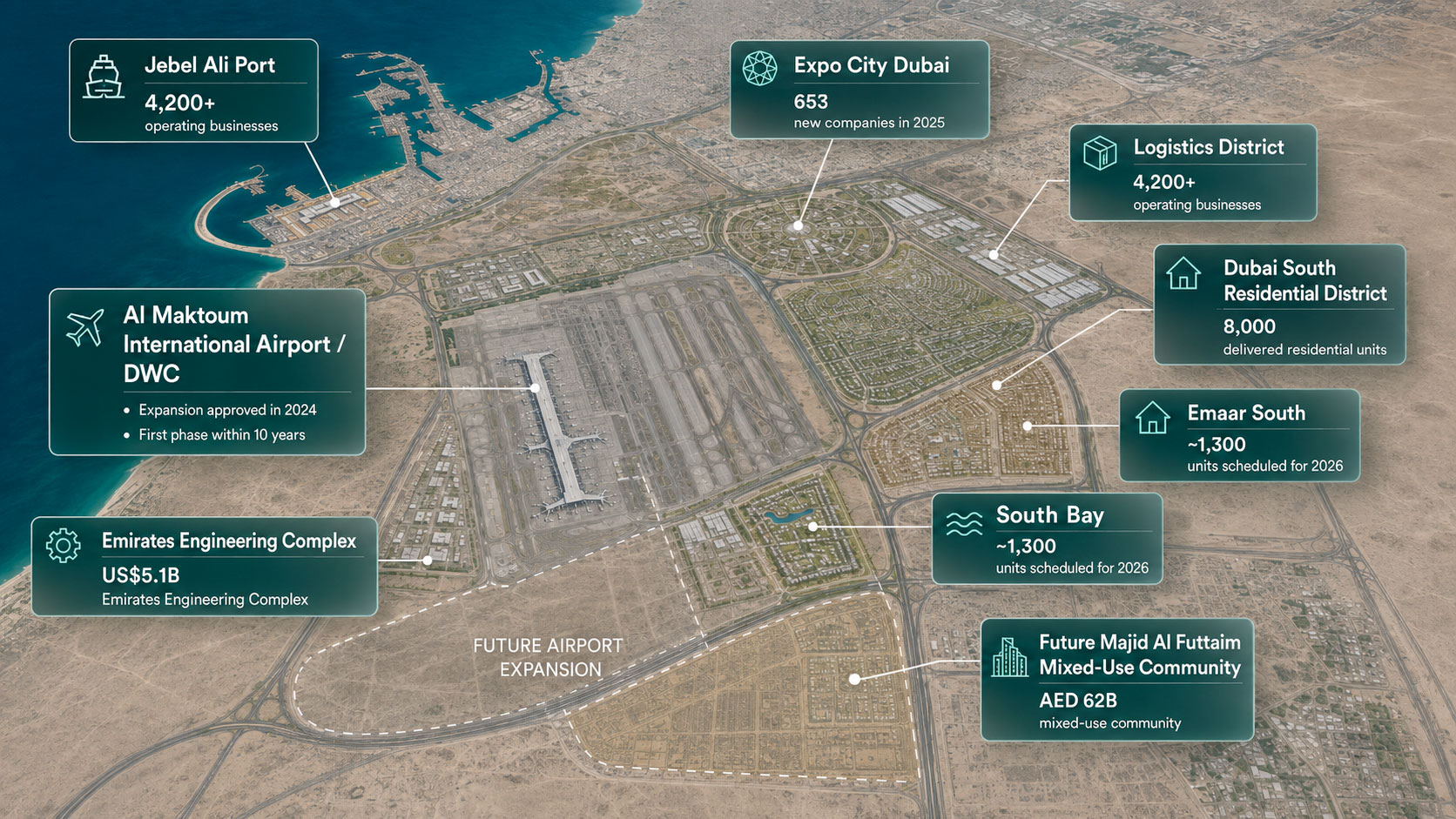 Geographic readiness map of Dubai South showing operating business, logistics and residential zones alongside future aviation, retail and mixed-use development layers.