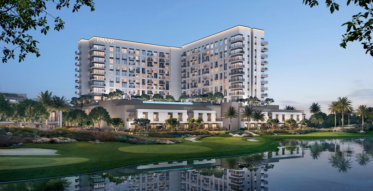 Golf Vale by Emaar residential buildings overlooking the golf course in Emaar South, Dubai South.