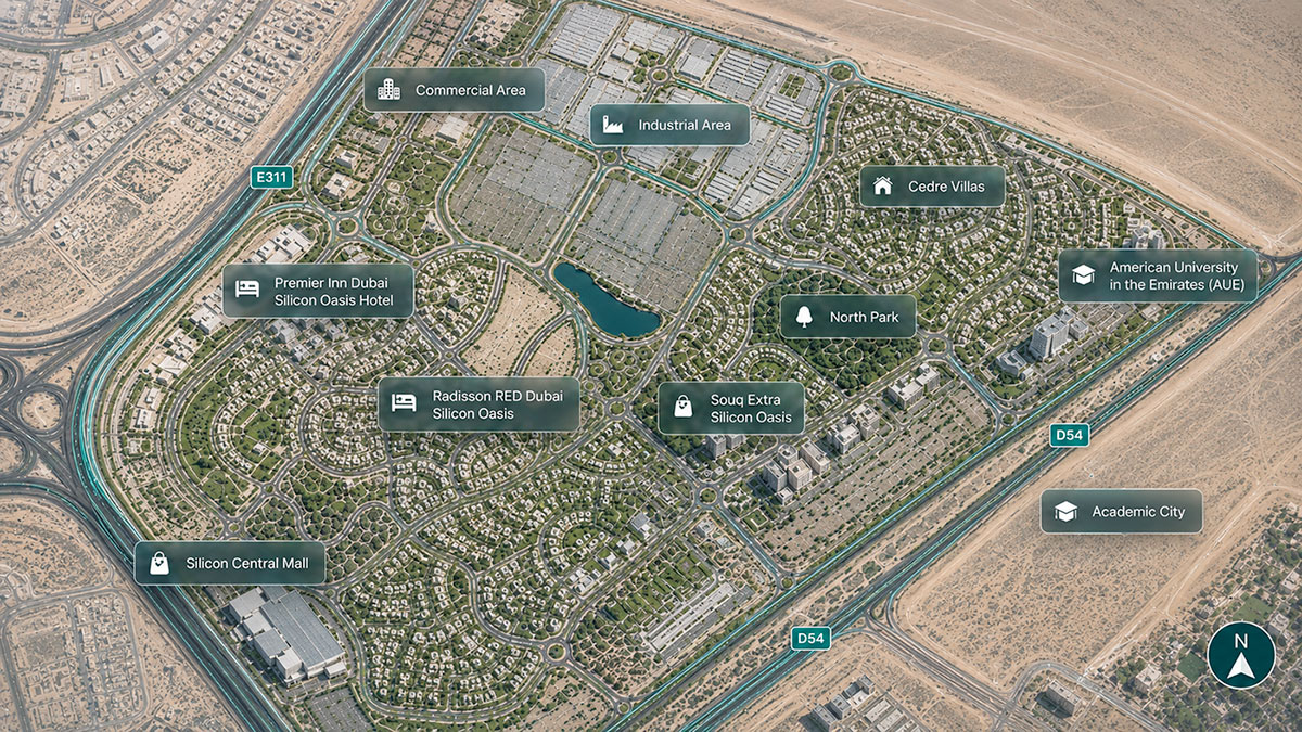 Map of Dubai Silicon Oasis showing residential, office, amenity and planned-expansion zones, bordered by the E311 and Dubai–Al Ain roads