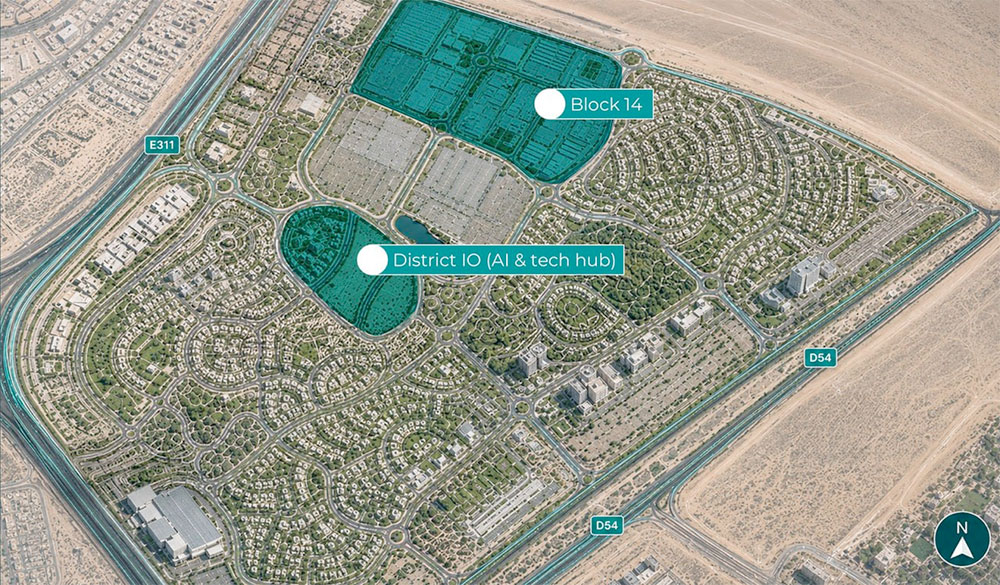 Satellite map of Dubai Silicon Oasis showing Block 14 and District 10, the AI and tech hub, highlighted in teal within the wider district boundaries.
