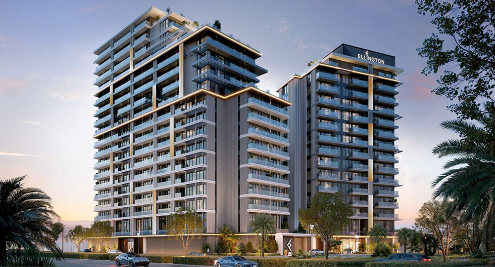 Exterior render of The Hillgate by Ellington residential towers in Dubai Silicon Oasis.