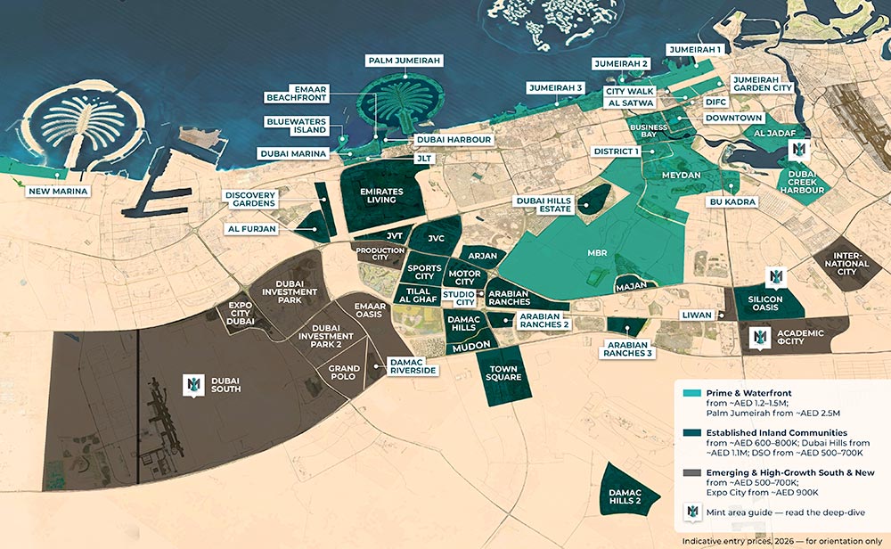 Map of Dubai's freehold zones where foreigners can buy property, grouped into prime waterfront, established inland, and emerging southern areas.