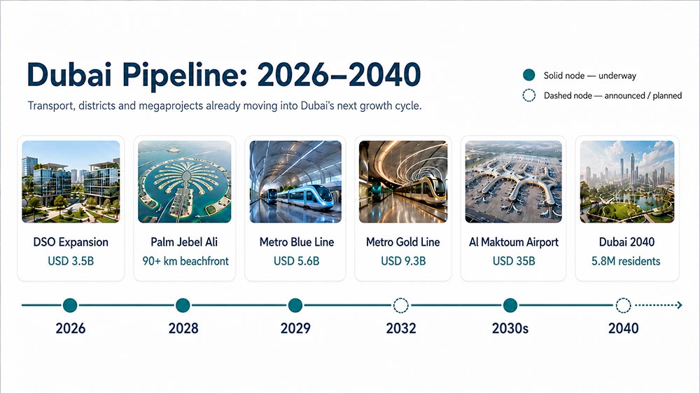 Timeline of Dubai development plans from 2026 to 2040, including the Metro Blue Line opening in 2029, the Gold Line in 2032, Al Maktoum International Airport expansion and Palm Jebel Ali
