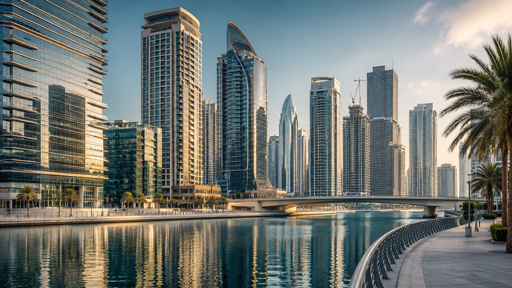 Business Bay towers along the Dubai Canal — central district with the highest prime rental yield.