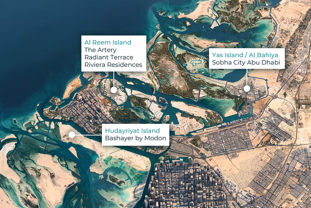 Map of Abu Dhabi showing the main property investment areas discussed in the article.