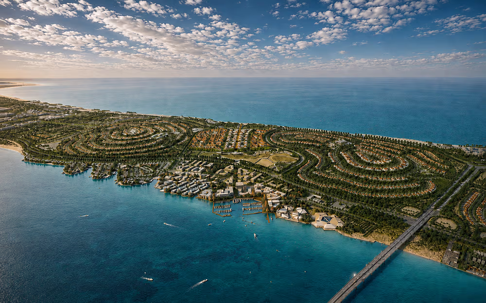 Hudayriyat Island masterplan in Abu Dhabi — leisure infrastructure open and residential districts under construction.