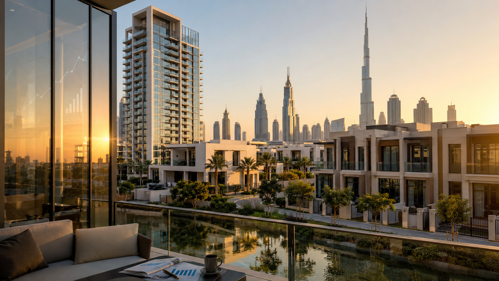 View of a Dubai residential district with apartment towers, villa plots and townhouse rows in one frame