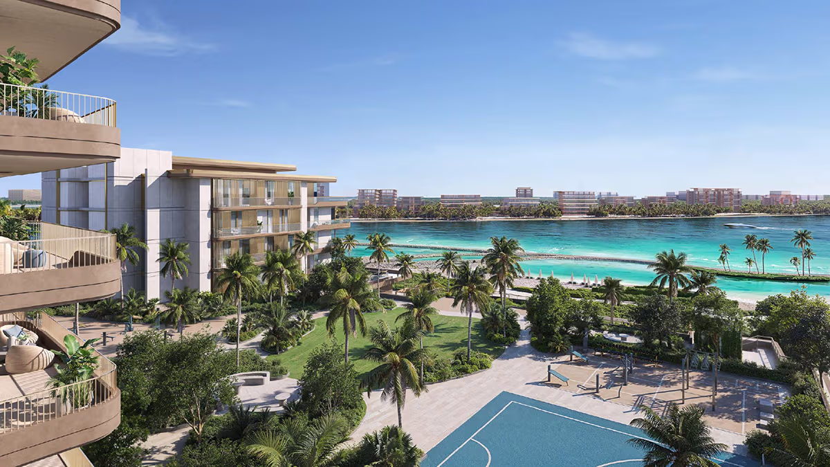 Render of Bay Grove Residences on Dubai Islands, showing waterfront apartment buildings, a landscaped promenade and beach.