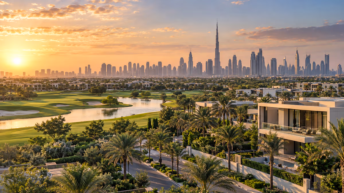 Aerial view of Dubai Hills Estate villas and golf course with the Dubai skyline behind