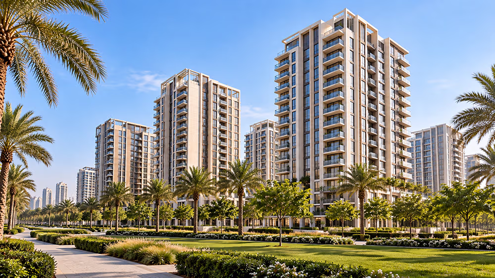 Mid-rise residential tower at Park Heights II in Dubai Hills Estate, seen from the landscaped podium