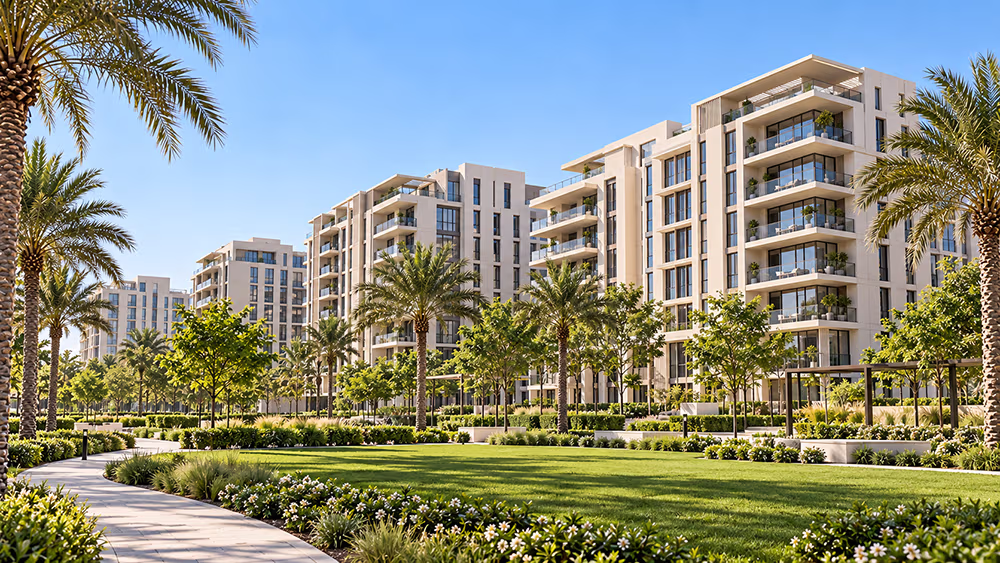 Interior of a large apartment at Mulberry at Park Heights, Dubai Hills Estate, with full-height windows onto the park.