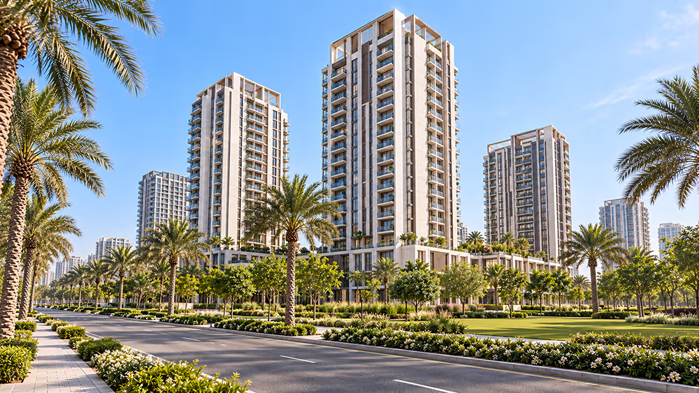 Residential buildings at Park Ridge, Dubai Hills Estate, above the community pool and gardens