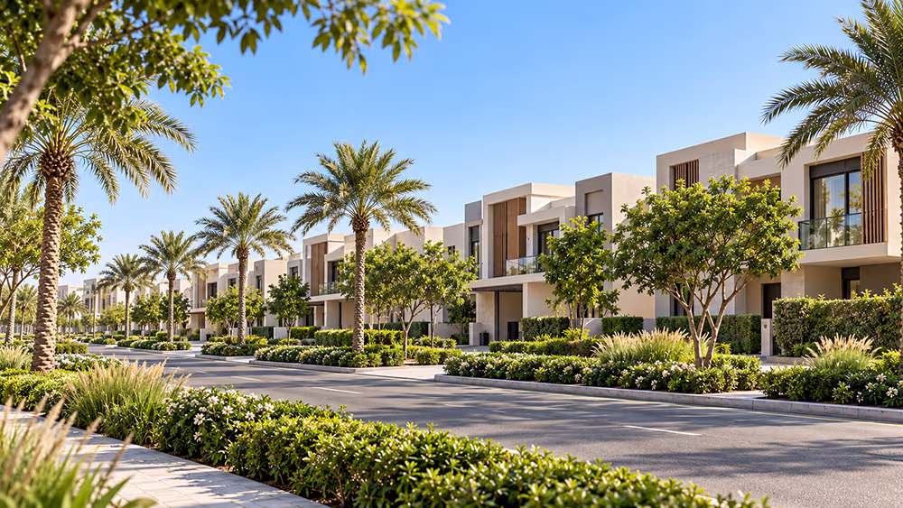 Row of family townhouses at Maple in Dubai Hills Estate with front gardens and a shared walkway