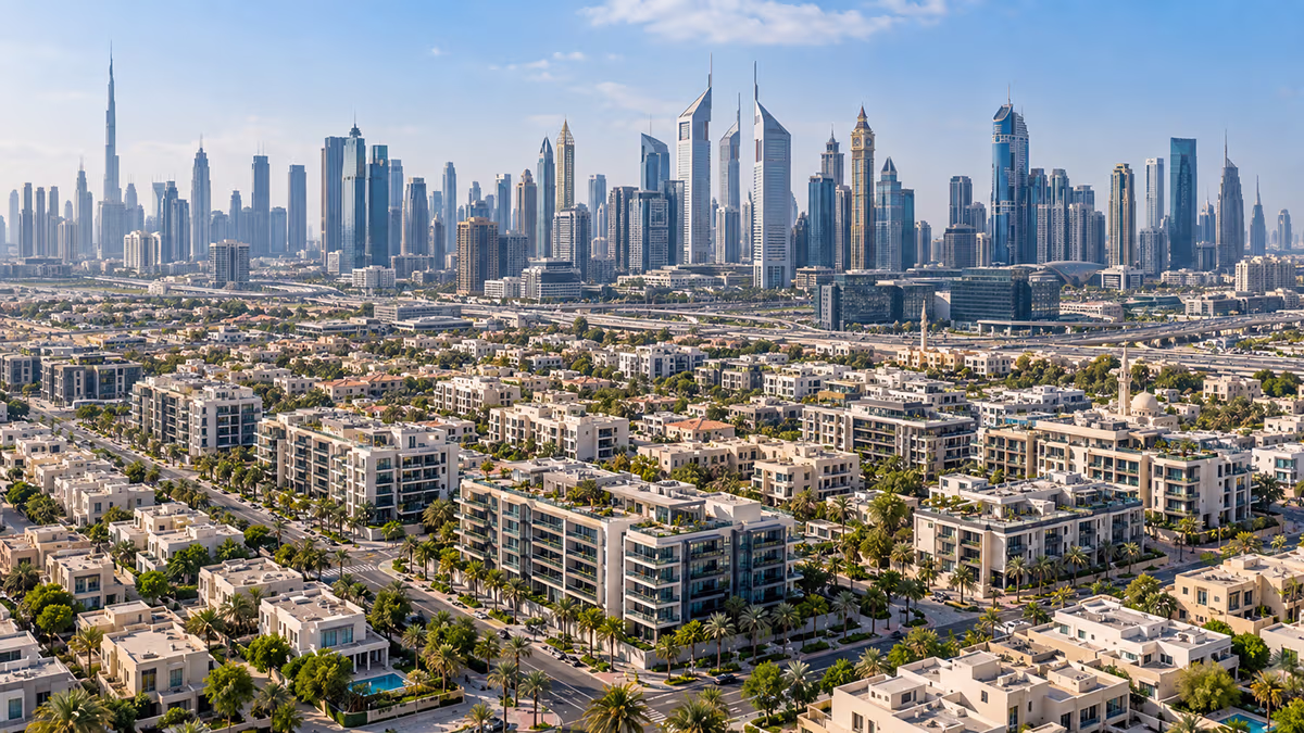 Aerial view of Jumeirah Garden City with the DIFC skyline behind