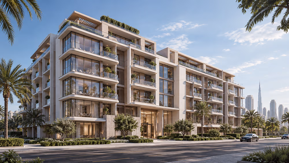 Architectural render of Linea by Holm, a new residential building in Jumeirah Garden City, Dubai