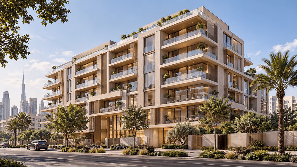 Architectural render of Holm One, a new studio-led residential building in Jumeirah Garden City, Dubai