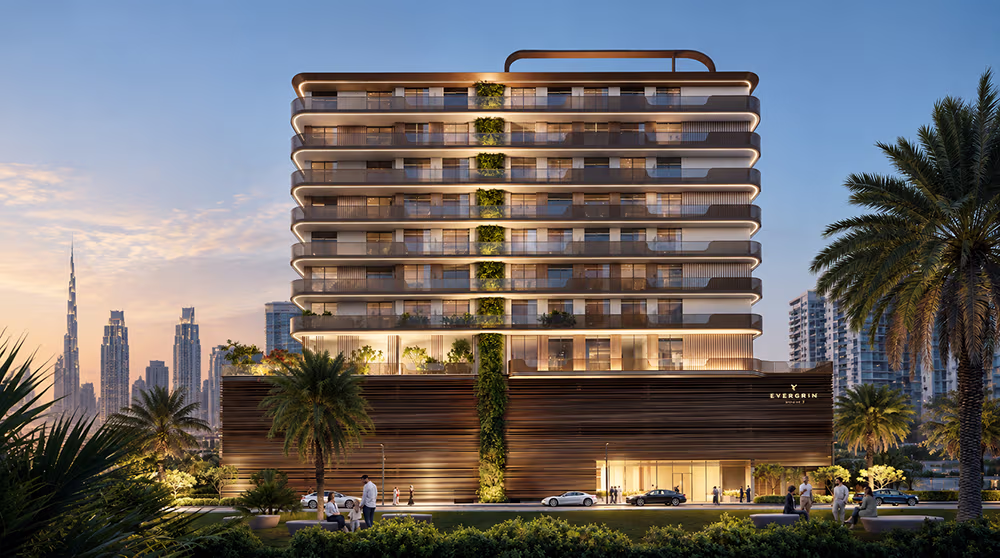 Architectural render of Evergrin House, a residential building by Object 1 in Jumeirah Garden City, Dubai