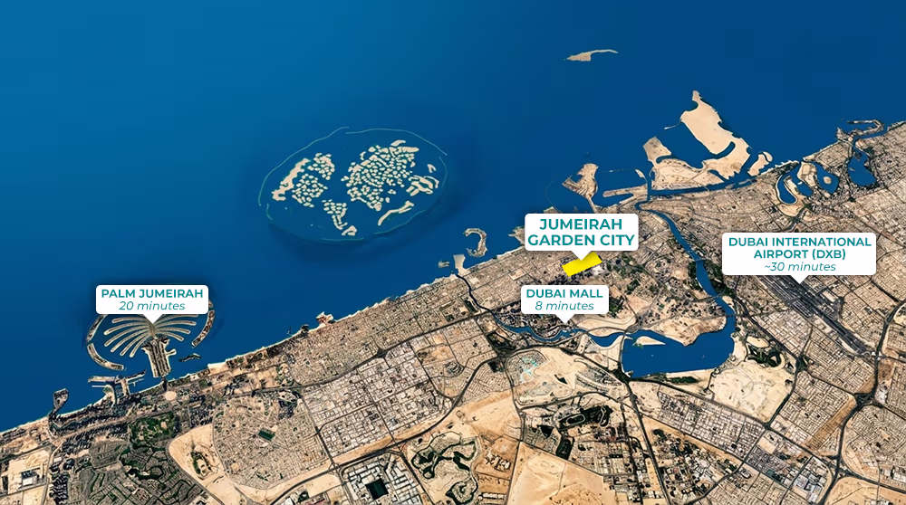 Map of Jumeirah Garden City opposite DIFC, with drive times to Dubai Mall, Palm Jumeirah and DXB