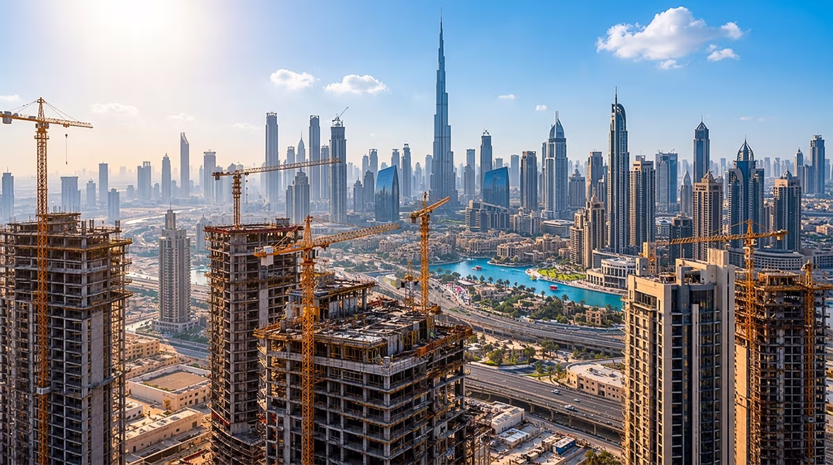 Off-plan property in Dubai: residential towers under construction in front of the finished city skyline