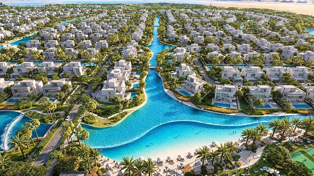Luxury off-plan property in Dubai: render of villas and waterways at The Oasis by Emaar