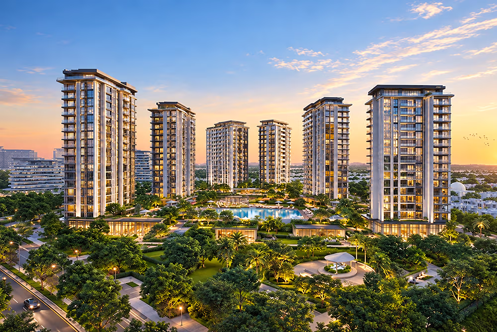 Render of villas and landscaped green spaces at Sobha Sanctuary off Al Ain Road, Dubai