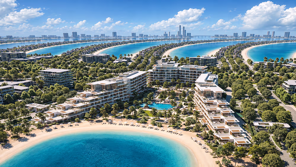 Aerial view of Palm Jebel Ali in Dubai, with new beachfront phases under development