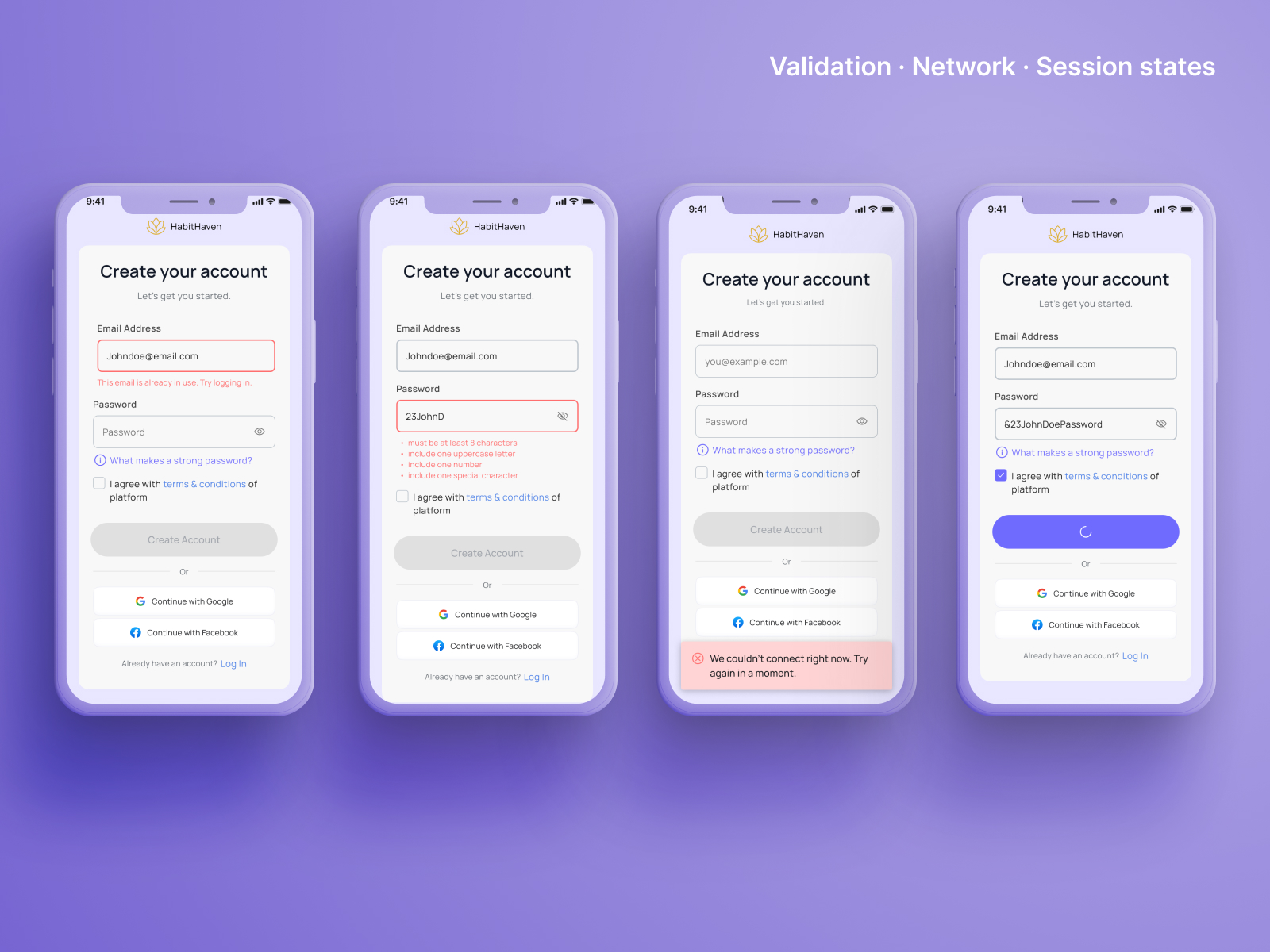 Authentication UX system with signup, login, verification flows, error states, retry limits, and recovery paths visualized across screens.