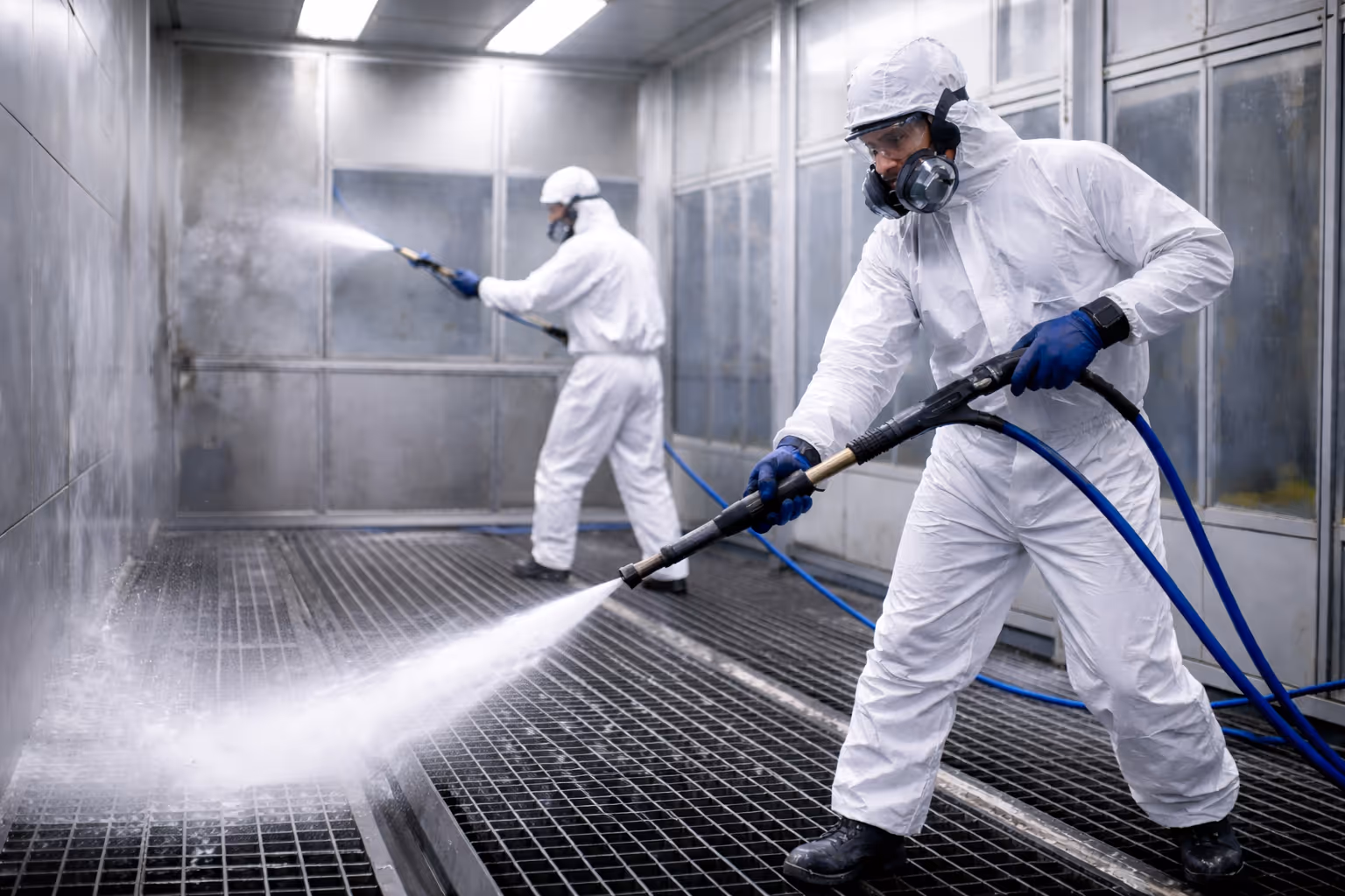 Zwei Personen in weißen Schutzanzügen und Atemschutzmasken reinigen mit Hochdruckreinigern einen Raum mit Metallgitterboden.