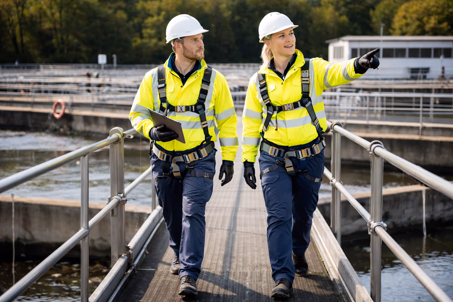 Zwei Arbeiter in gelben Warnjacken und Helmen gehen auf einem Steg über Wasser, eine Frau zeigt nach rechts.