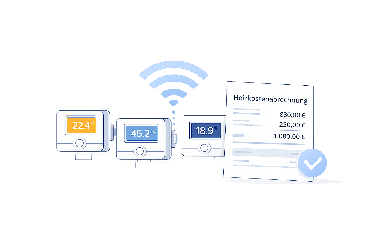 Illustration von digitalen Heizkosten- und Wasserzählern mit Funkübertragung und schematischer Heizkostenabrechnung