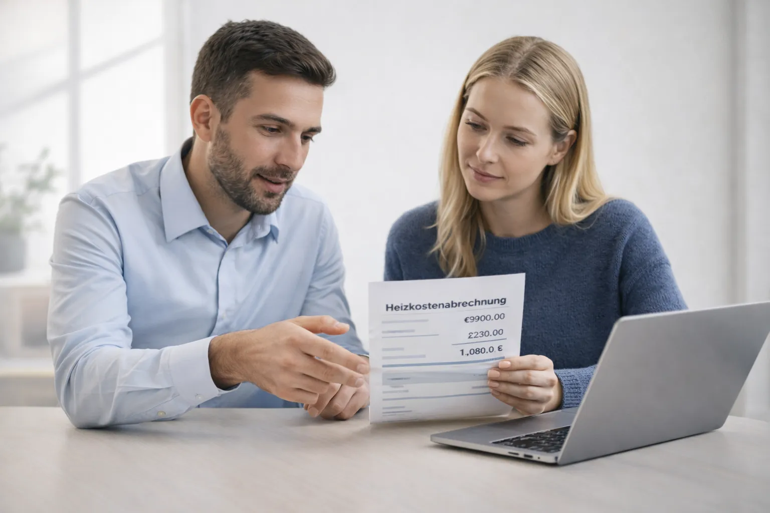 Zwei Personen schauen sich zusammen die Heizkostenabrechnung an.