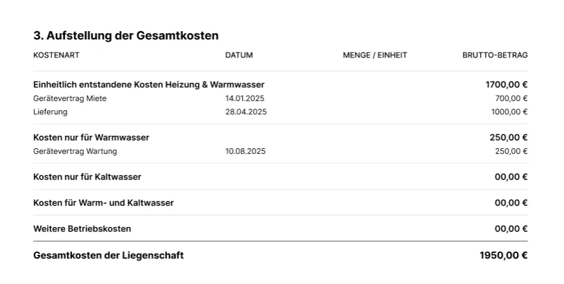 Screenshot Gesamtkosten