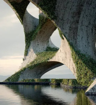 Curved concrete arches over calm water, partially covered with green ivy under a cloudy sky.