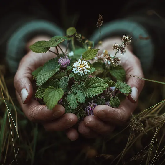 Hands gently holding green leaves and small wildflowers in a natural outdoor setting.