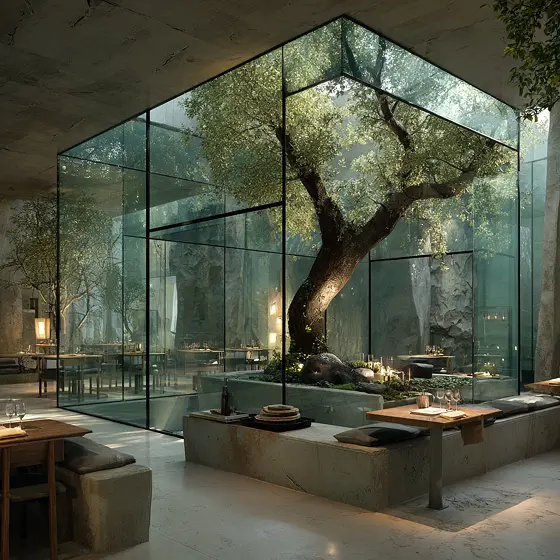 Modern restaurant interior featuring a large tree enclosed in a glass cube surrounded by minimalist tables and seating.