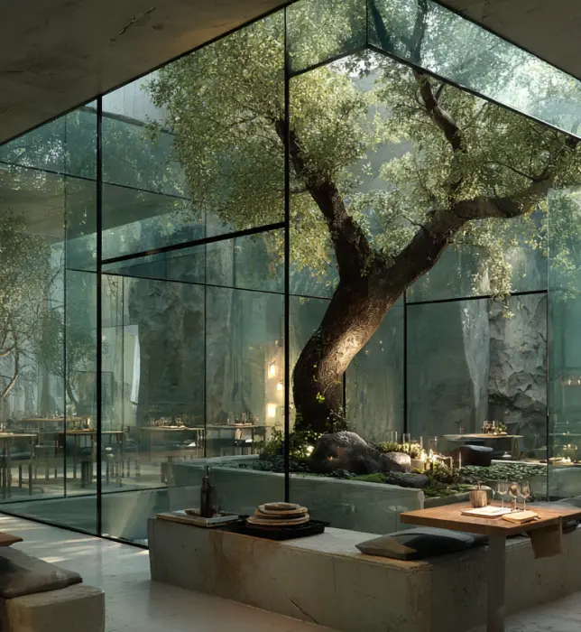Modern indoor dining area with a large tree enclosed in glass walls at the center, surrounded by minimalist concrete seating and wooden tables.