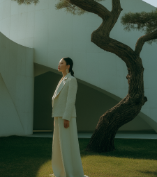 Silhouette of a person in a futuristic black outfit with intricate patterns standing against bright, sheer curtains.